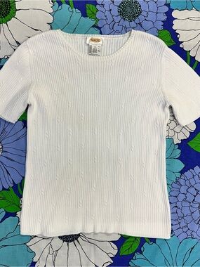 Vintage Talbots White Ribbed Cable Knit Short Sleeve Sweater | Y2K